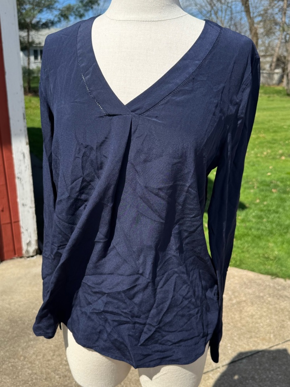 J.Crew 100% Silk V-Neck Long Sleeve Top – Navy, Size 2